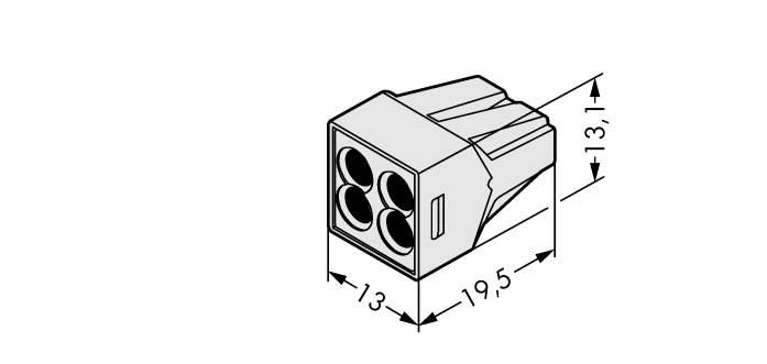 Technický výkres konektora so štyrmi okrúhlymi kolíkmi, znázornený s rozmermi: šírka 13 mm, dĺžka 19,5 mm, výška 13,1 mm.