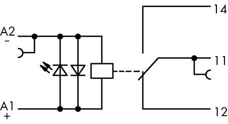 Elektrický schematický symbol: Séria prvkov s diódami, spínačom a prepojeniami. Svorky: A1, A2, 11, 12, 14.