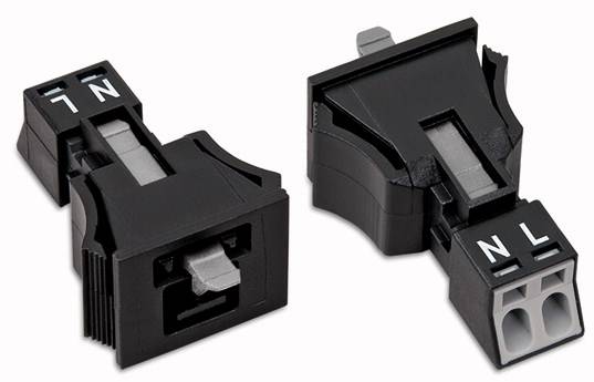 Dva čierne elektrické konektory s označeniami 'N' a 'L' pre pripojenie v elektrických obvodoch.