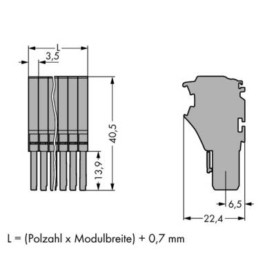 Technický výkres konektora s rozmermi. Výška 40,5 mm, šírka 13,9 mm, hĺbka 6,5 mm. Výpočet zapojovacej sily nižšie.