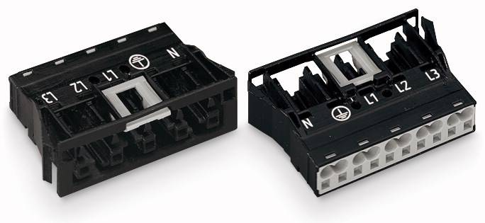 Dva čierne elektrické konektory s viacerými pinmi, zobrazené z bočnej strany. Sú určené na prepojenie káblov.