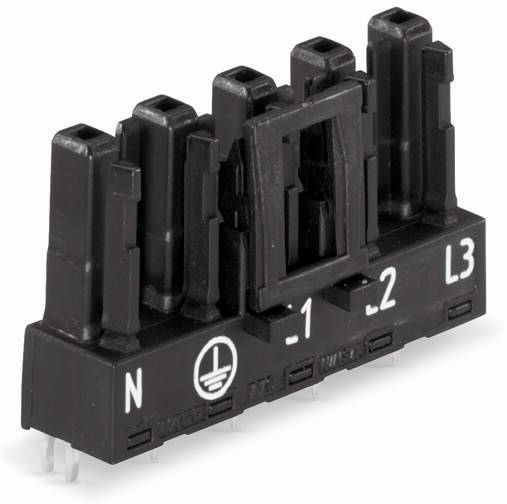 Čierny elektrický konektor s šiestimi kontaktmi, označený štítkami 'N', symbol uzemnenia, '1', '2', 'L3'.