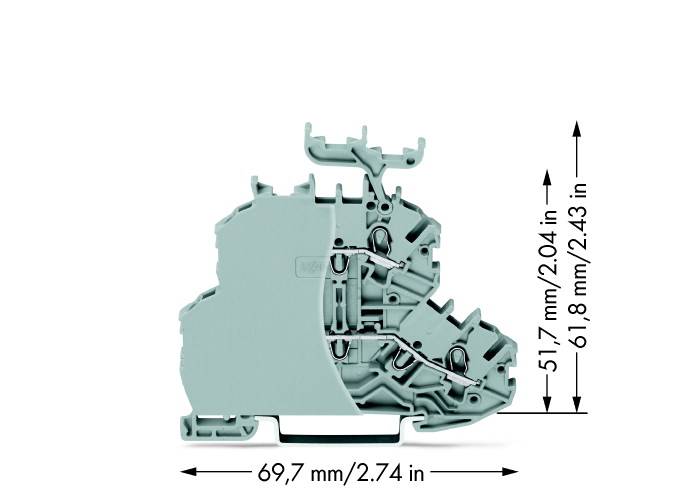 Priečny rez šedého technického komponentu s viacerými vrstvami a spojovaciami bodmi. Rozmery sú 69,7 mm x 61,8 mm.