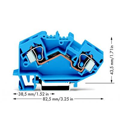 Modrý elektrický pripojovací blok s bočnými kovovými vložkami. Rozmery: 38,5 mm x 43,5 mm x 82,5 mm.