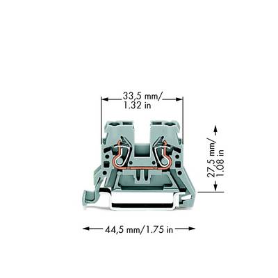 Priečny rez svorkovnicového bloku s rozmermi 33,5 mm x 27,5 mm x 44,5 mm. Medeené spoje sú viditeľné.