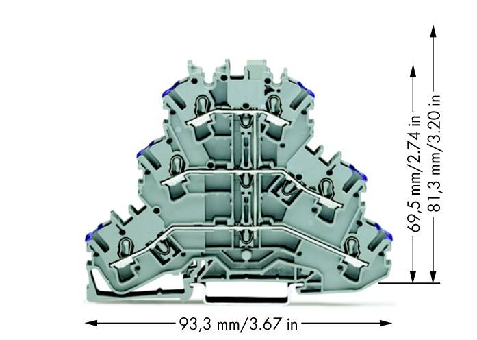 Pohľad na sivý trojposchodový pripojovací blok s rozmermi. Šírka: 93,3 mm (3,67 palca). Výška: 81,3 mm (3,20 palca) až 69,5 mm (2,74 palca).