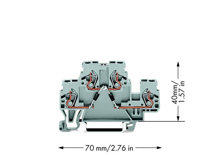 Prierez elektrickej svorkovnice s rozmermi: šírka 70 mm (2,76 palca), výška 40 mm (1,57 palca).