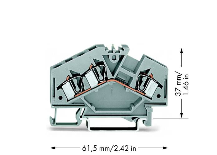 Sivá elektrická svorka s rozmermi: 61,5 mm šírka, 37 mm výška. Vhodná na spájanie vodičov.