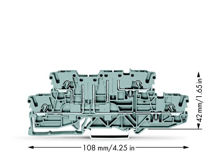 'Technický výkres zeleného radového svorkovnicového systému s rozmermi 108 mm x 42 mm.'