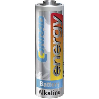 Obrázok zobrazuje striebrolesklú alkalickú batériu značky Conrad Energy.