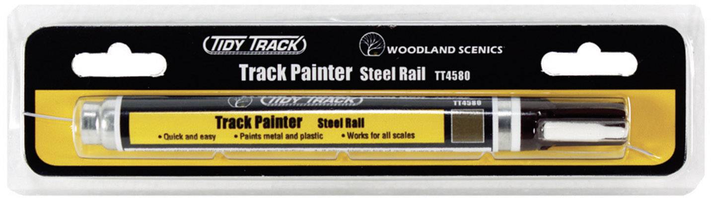 Značkovač s nápisom 'Track Painter Steel Rail' od spoločnosti Woodland Scenics, zabalený v žltom a čiernom blistrovom obale.