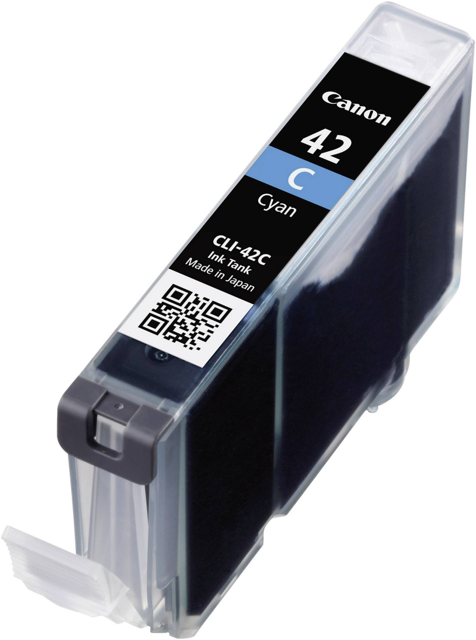 Atramentová kazeta Canon, model CLI-42, farba azúrová, zobrazuje označený výrobok s QR kódom, vyrobený v Japonsku.
