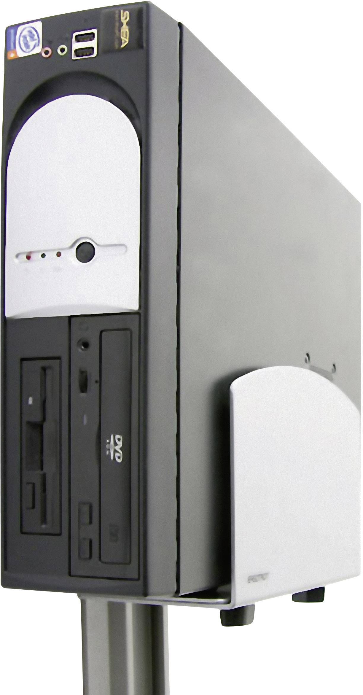 Čierny, vertikálne postavený stolový počítač s bielym predným krytom. Na vrchu sa nachádza USB port a sieťový vypínač.