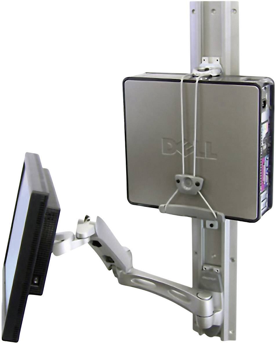 Počítač a monitor sú namontované na vertikálnej koľajnici. Monitor je pripevnený k pohyblivému ramenu.
