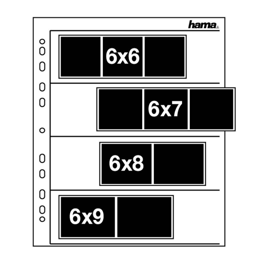 Negativová archívna stránka od Hama so štyrmi sekciami pre negatívy vo veľkostiach 6x6, 6x7, 6x8 a 6x9.