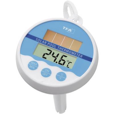 Solárny bazénový teplomer s digitálnym displejom, zobrazuje teplotu vody 24,6°C. Okrúhly dizajn v modro-bielej farbe.