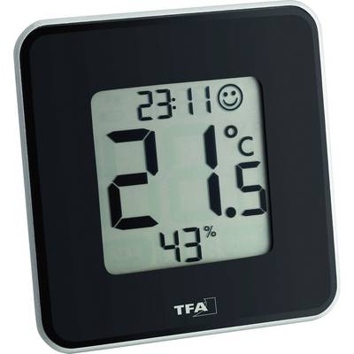 Digitálny teplomer a vlhkomer ukazuje 23:11, 21,5 stupňov Celzia a 43 percent vlhkosti vzduchu. Vedľa teploty sa objavuje usmievajúca sa tvárová ikona.