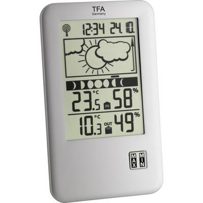 Digitálny teplomer s indikáciou počasia: teplota vnútri 23,5°C, vonku 10,3°C; vlhkosť vzduchu vnútri 58%, vonku 49%; symbolizovaná predpoveď počasia so slnkom a oblakmi.