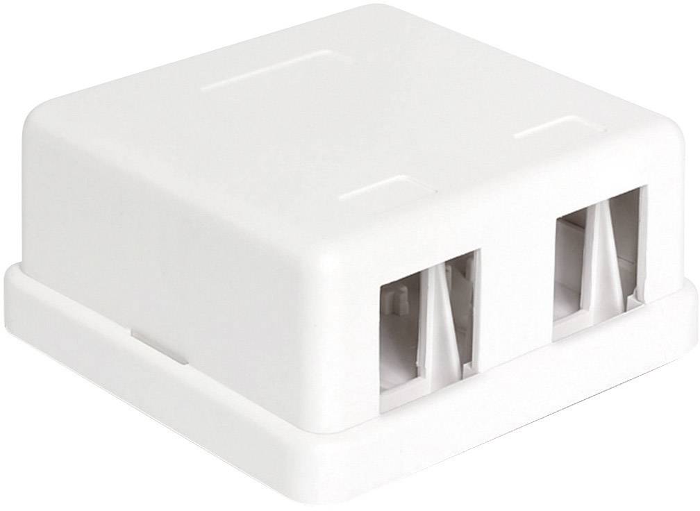 Biely obdĺžnikový sieťový rozvádzač s dvoma portami pre ethernetové pripojenia, vhodný na montáž na stenu.