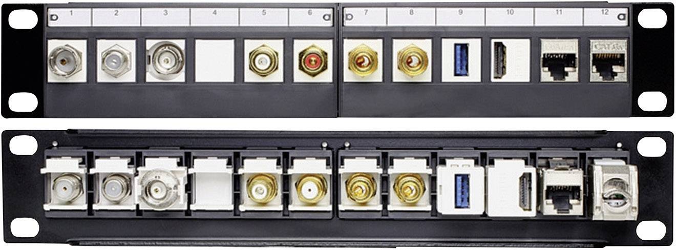 Patch panel s rôznymi konektormi: koaxiálny, audio, USB, sieťový. Horný a spodný pohľad zobrazujú rôzne varianty konektorov.