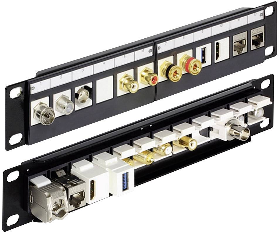 Patch panel s rôznymi konektormi vrátane USB a audio konektorov v dvoch horizontálnych radoch. Vhodný pre rozmanité pripojenia.