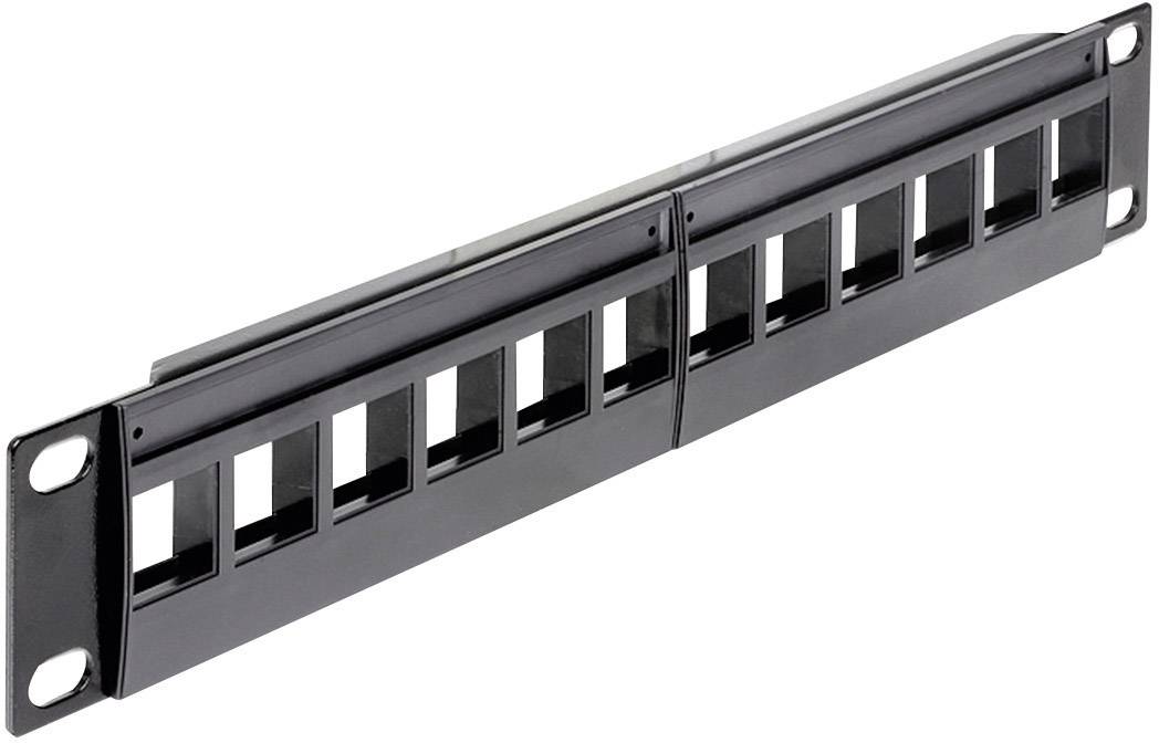Čierna patch panel s 12 portami na organizáciu sieťových káblov. Vhodná na montáž do 19-palcového racku.