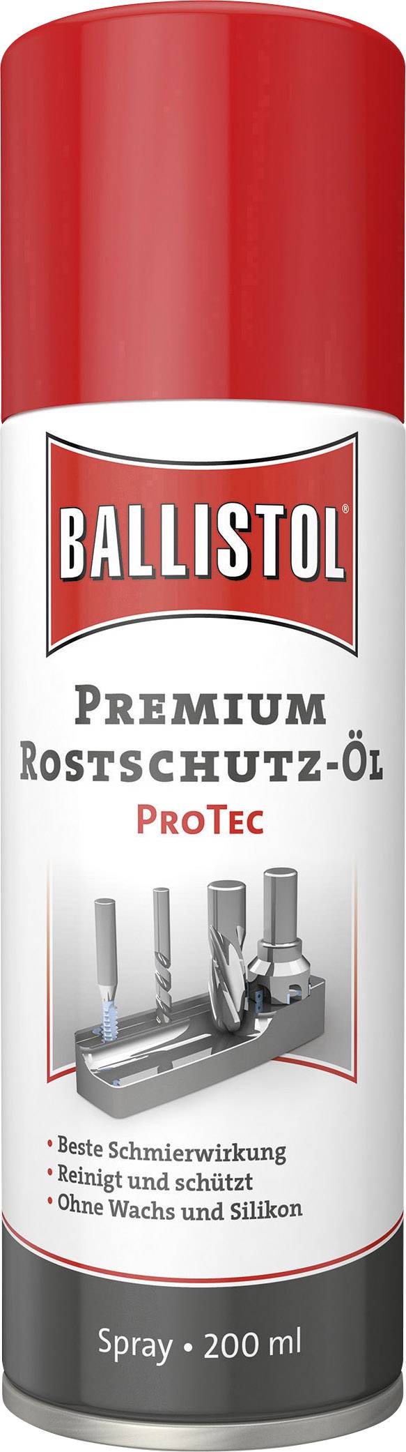 Sprej s červeným uzáverom, značka 'Ballistol'. Popis: 'Prémiový antikorózny olej', 'ProTec', 200 ml. Chráni, čistí, poskytuje najlepšiu mazaciu schopnosť.