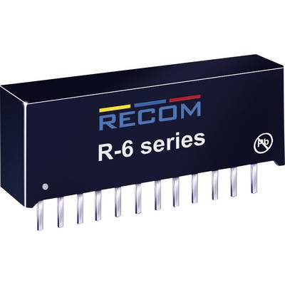 Čierny, obdĺžnikový elektronický komponent s nápisom 'RECOM R-6 series' a niekoľkými pripájacími kolíkmi na spodnej strane.