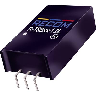 Menič napätia 'RECOM R-78Bxx-1.0L' v čiernom puzdre s tromi striebornými kolíkmi.