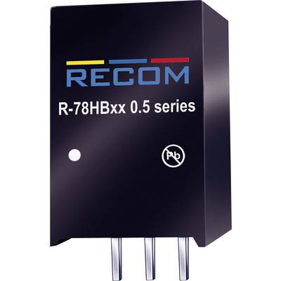 RECOM napäťový regulačný modul série R-78HBxx 0.5 s čiernym obalom, žltou, modrou a červenou líniou, logo bez olova.