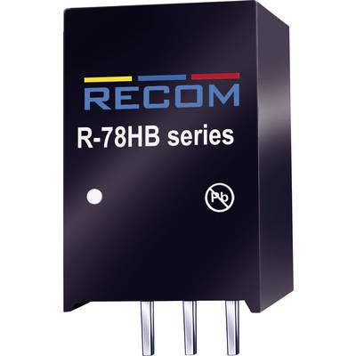 Čierna elektronická súčiastka značky 'RECOM', modelová séria 'R-78HB series', s tromi kovovými kolíkmi dole a prečiarknutým 'Pb'.