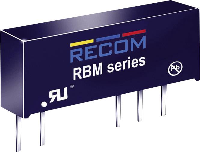 Obdĺžniková, čierna elektronická súčiastka s nápisom 'RECOM RBM series'. Má štyri kovové kolíky na pripojenie.