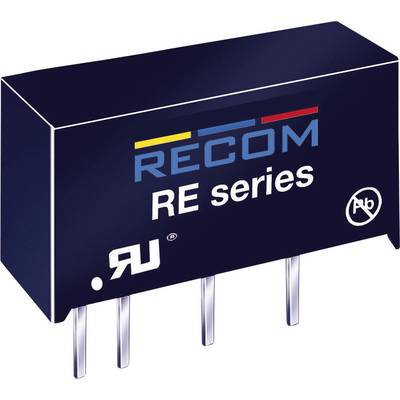 Čierny RECOM RE séria DC/DC menič so štyrmi kovovými kolíkmi a nápisom 'RECOM RE series', symbolmi napätia a certifikácií.
