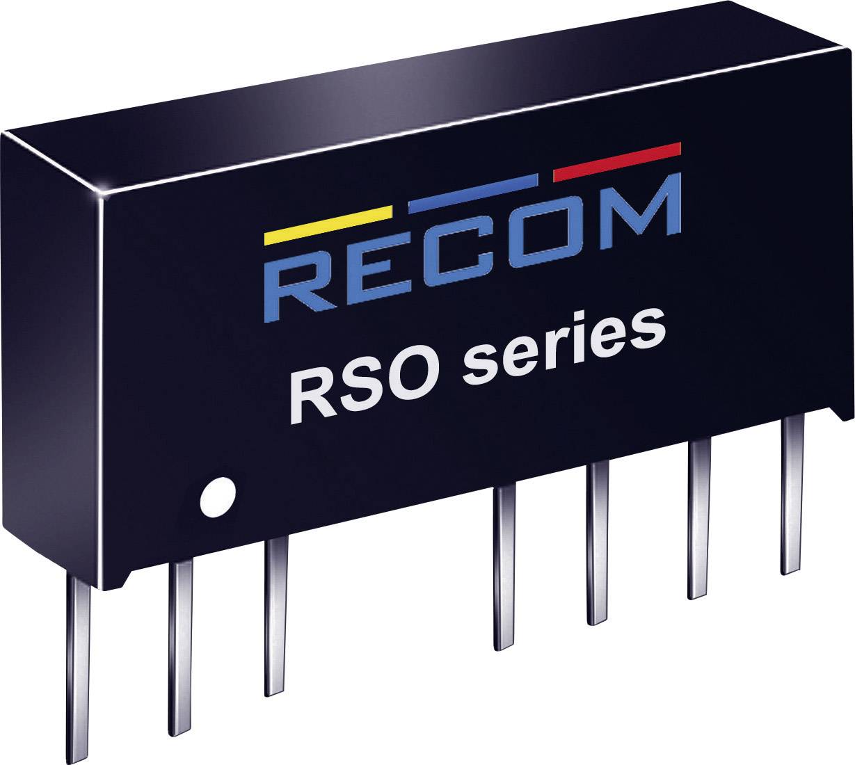 Čierny elektronický komponente série RECOM RSO s nápisom, z dolnej strany vyčnievajúcimi kolíkmi.