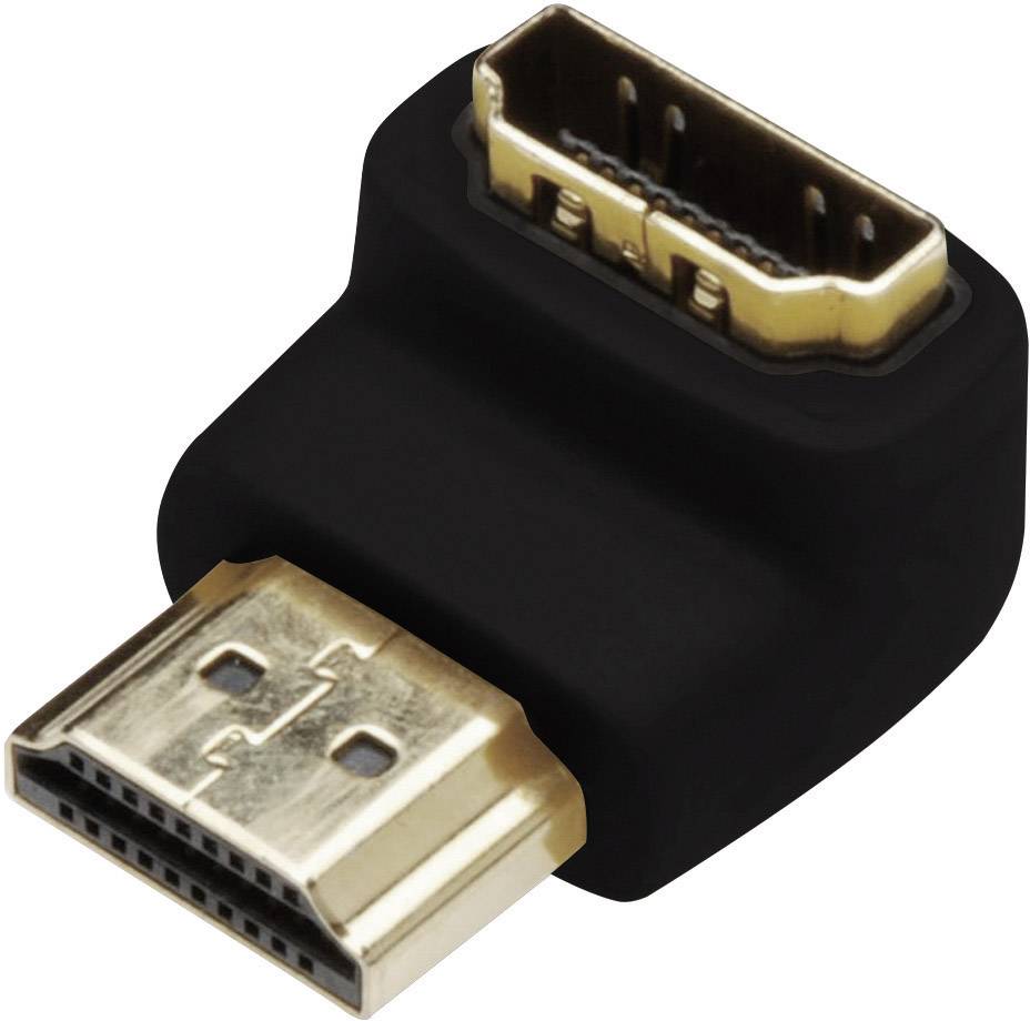 Čierny HDMI adaptér so zlatými konektormi, ktorý premieňa HDMI zástrčku na HDMI zásuvku.
