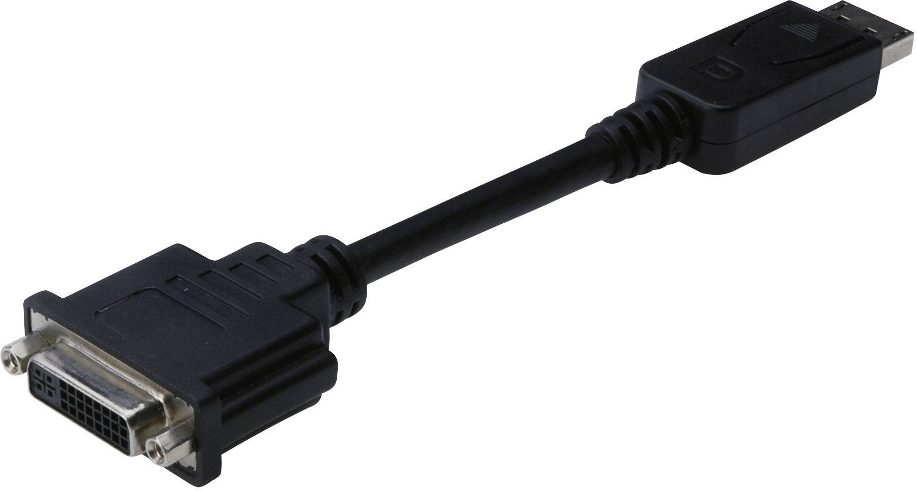 DVI-na-HDMI adaptérový kábel, čierny kábel s DVI a HDMI konektormi na koncoch, umožňuje prepojenie medzi zariadeniami.