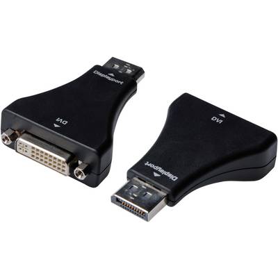 Adaptér na prepojenie DVI konektora s DisplayPort konektorom. Dva čierne adaptéry, jeden zobrazuje DVI konektor, druhý DisplayPort konektor.