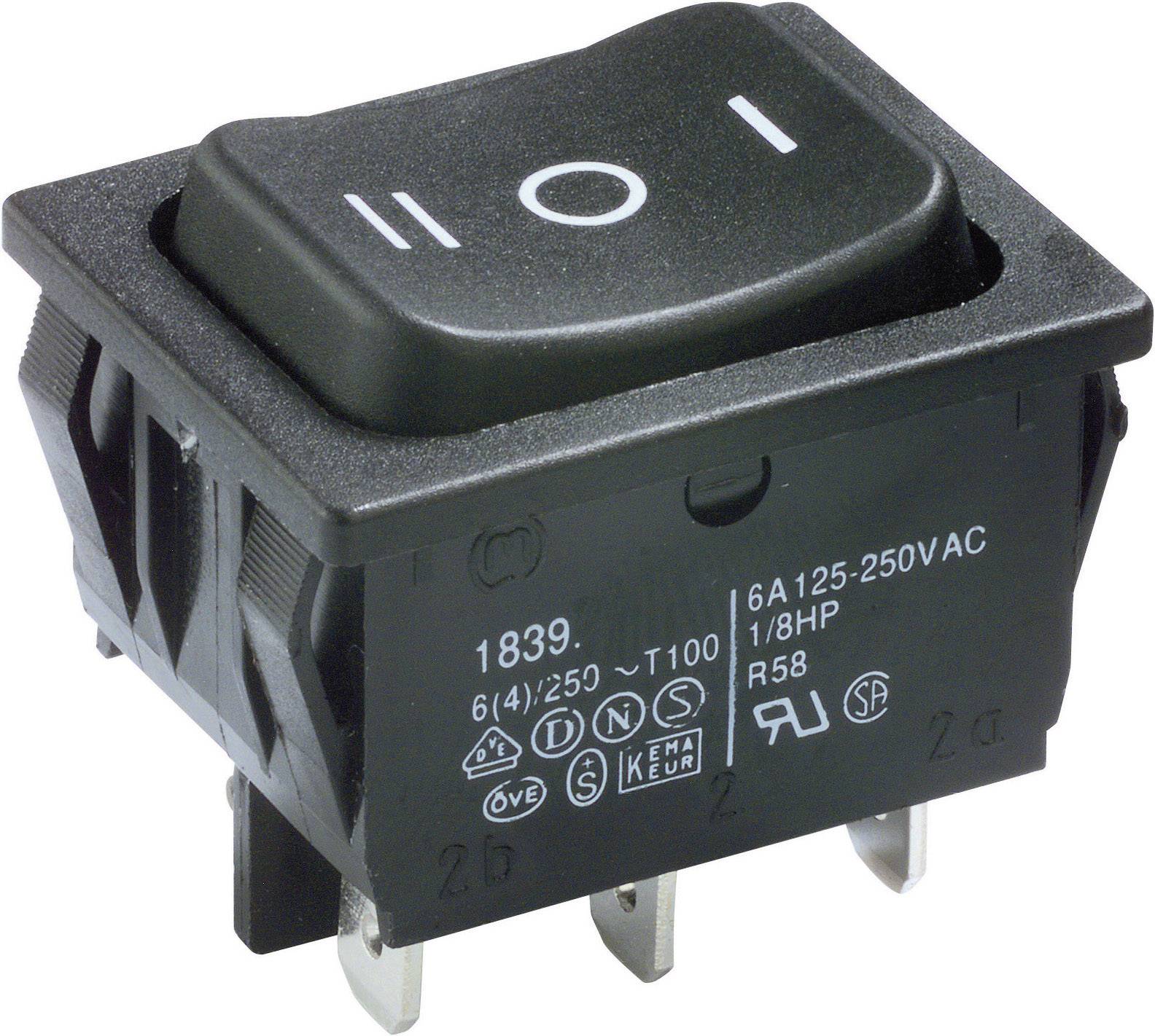 Výklopný prepínač so symbolmi 'I' pre Zapnuté a 'O' pre Vypnuté. Vhodný pre 6A 125-250VAC. Obsahuje rôzne certifikačné symboly.