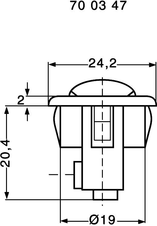 Technický výkres elektrického spínača s rozmermi: priemer 19 mm, výška 20,4 mm, šírka 24,2 mm.