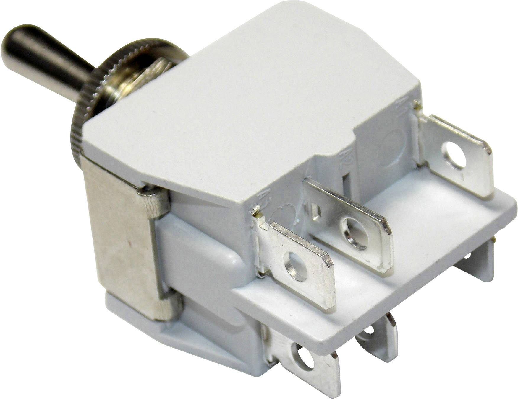 Kovový páčkový prepínač so štyrmi kontaktmi, vhodný pre elektronické obvody a riadenia.