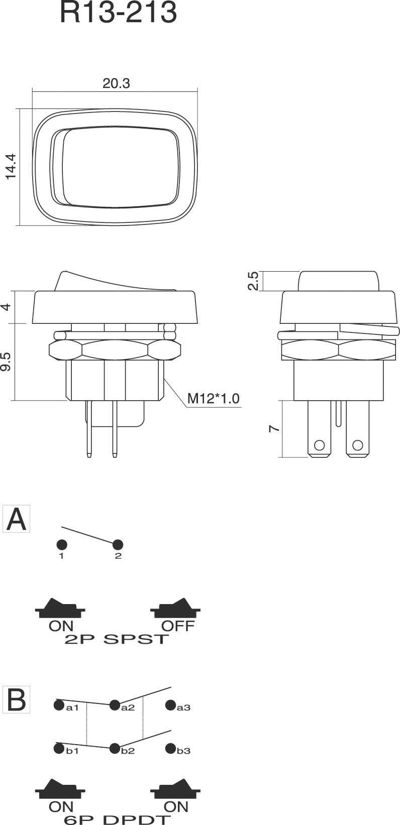 Technický výkres spínača s rozmermi 20,3 mm x 14,4 mm a závitom M12*1,0. Zobrazuje schémy zapojenia pre 2P SPST a DP DPDT.