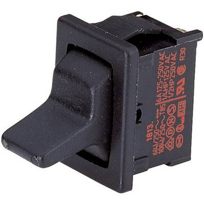 Čierny spínač v polohe VYP, vhodný pre 16 A pri 125-250 V AC, s technickým popisom na boku.