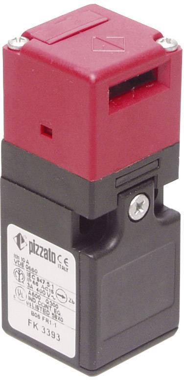 Elektrický bezpečnostný spínač od Pizzato v čiernej a červenej farbe, používaný na kontrolu a zabezpečenie strojov a zariadení.
