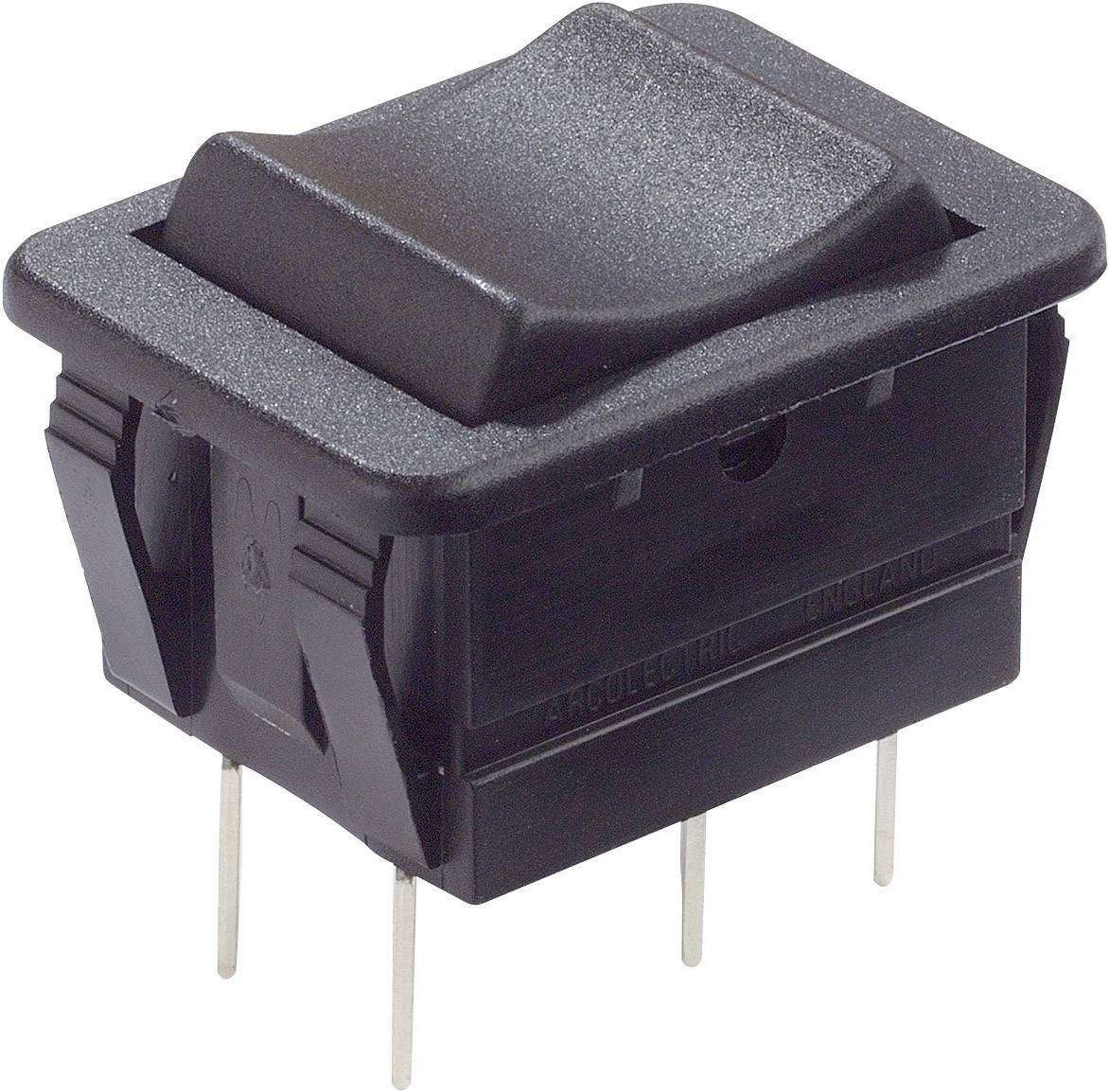 Čierny páčkový prepínač so štyrmi kovovými kolíkmi, vhodný pre elektronické aplikácie.