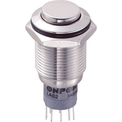 Strieborný, guľatý tlačidlový spínač s nápisom 'ONPOW LAS2 3A/220V', pod ním sú pripájacie kolíky pre zapojenie.