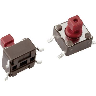 Dva červené tlačidlové spínače na bielom pozadí. Vľavo je spínač zobrazený z boku, vpravo zhora. Ideálne pre elektronické zariadenia.