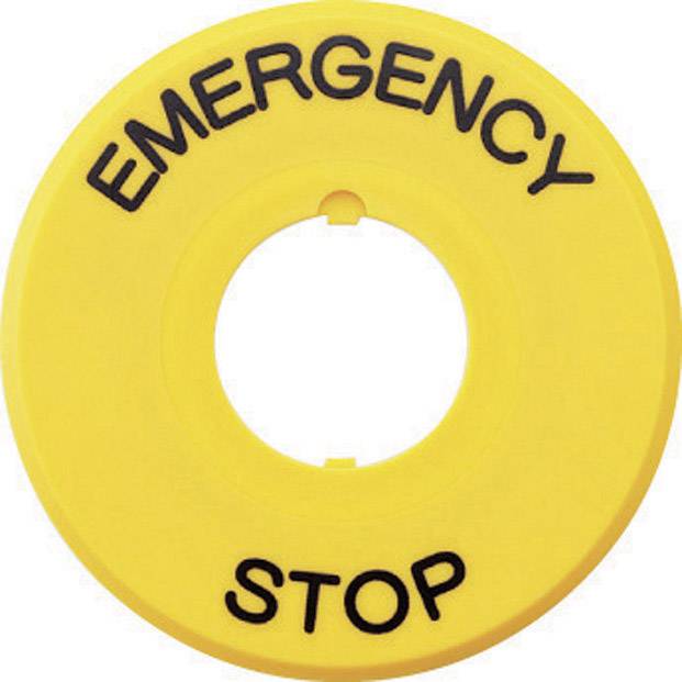 Žltý núdzový vypínač s nápisom 'EMERGENCY STOP', ktorý slúži na okamžité zastavenie strojov v nebezpečných situáciách.