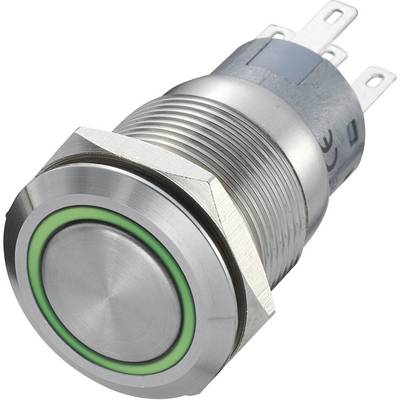 Kovový tlačidlový spínač so zeleným LED prsteňom, vhodný pre priemyselné riadenie alebo elektronické projekty.