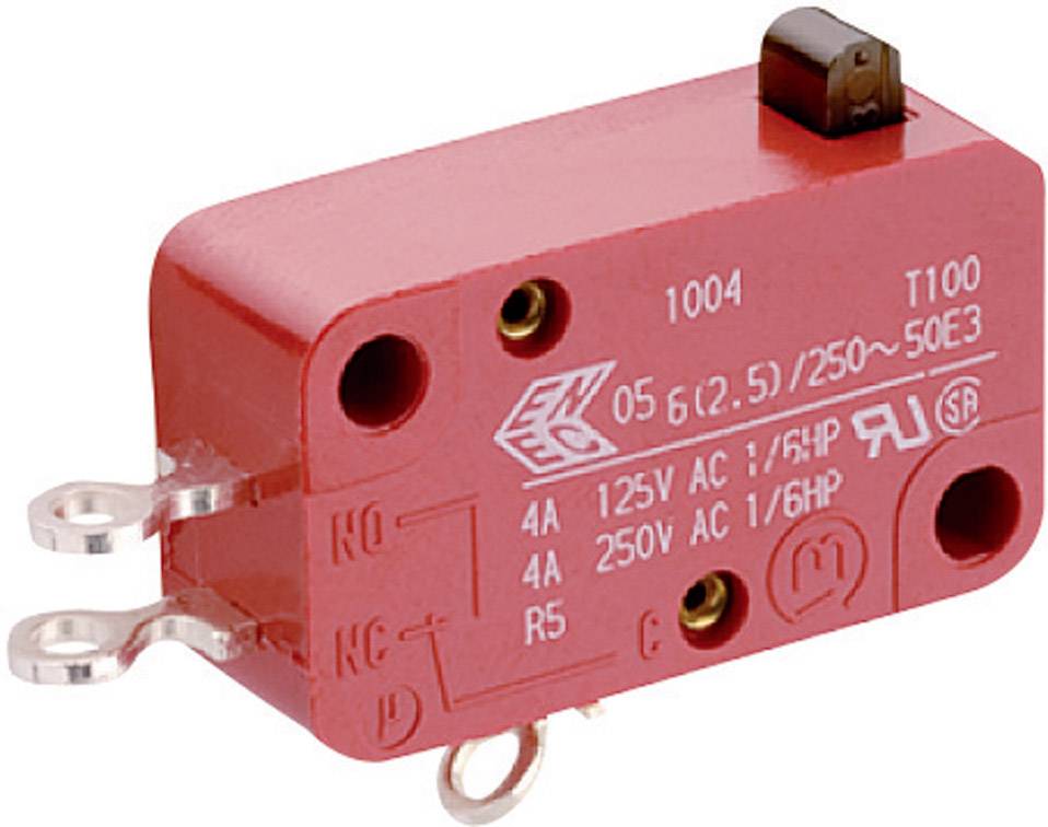 Červený mikrospínač s potlačou '125V AC', '4A', '250V AC', '1/6HP'. Dva kovové svorky vľavo, čierne tlačidlo hore.