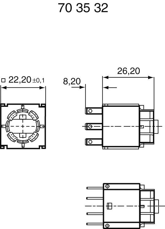 Technický výkres elektrického konektora s rozmermi: šírka 22,20 mm, výška 26,20 mm, hĺbka 8,20 mm.